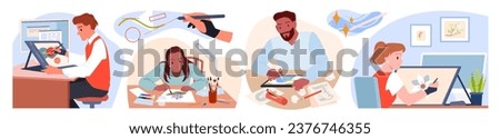 Designers at work set vector illustration. Cartoon isolated scenes with painting hands, man and woman artists sitting at desk to draw sketches on paper, create digital picture with graphic tablet
