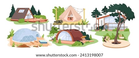 Glamping set vector illustration. Cartoon isolated luxury camping tent and wooden and glass tipi in summer nature, bubble house in forest, resort with glamour comfort for weekend and adventure