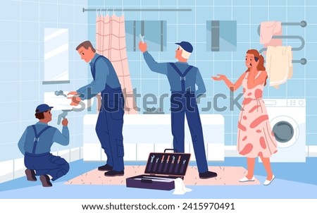 Repair service for fixing bathroom equipment and plumbing systems. Installation of sink by team of technicians in home interior, handyman in uniform working with wrench cartoon vector illustration