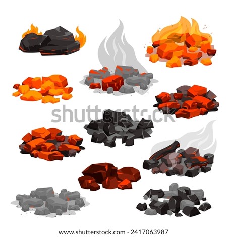 Charcoal black embers pile and hot rocks burn in fireplace with red bright flame, ash and smoke, burnt glowing stones bunch from grill oven cartoon vector illustration