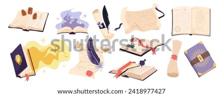 Magic books and fairy scrolls set. Open and closed fantasy paper books with ray of light from spells, runes and mystery, medieval manuscripts for reading by wizard cartoon vector illustration