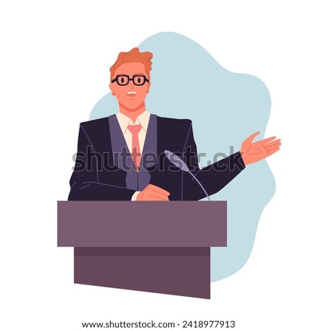Man speaker speaking from podium with microphone. Male leader with glasses and black formal suit presenting confident speech with hand up, person standing at tribune cartoon vector illustration