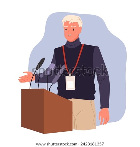 Male leader with glasses and black formal suit presenting confident speech with hand up, person standing at tribune cartoon vector illustration. Man speaker speaking from podium with microphone