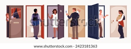 People standing at open door set. Happy man and woman opening door to welcome, young male and female characters hold doorknob to go inside, ring doorbell to visit cartoon vector illustration