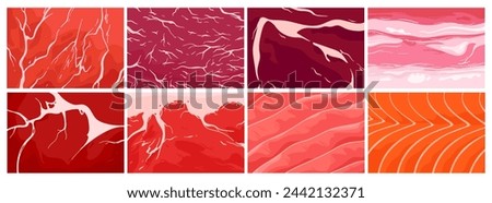 Meat and fish textures set, game assets and pattern collection of macro structures. Salmon fillet and marble red beef steak, pork with layers of fat, aged sirloin cut cartoon vector illustration