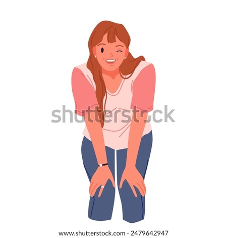 Young woman with positive mood winking and laughing. Cute front portrait of happy brunette lady with long hair standing in funny pose with smile expression on face cartoon vector illustration