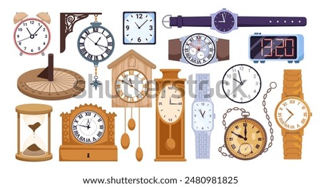 Digital modern and vintage clocks set. Cartoon collection of different type of wall and wrist devices to measure time, wristwatch and old chronometer, hourglass and alarm clock vector illustration