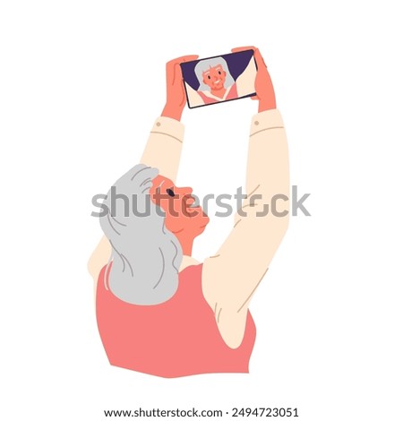 Elderly woman taking self photo or video with smartphone. Happy senior person holding phone to make selfie portrait, using tablet to call and chat with family and friends cartoon vector illustration