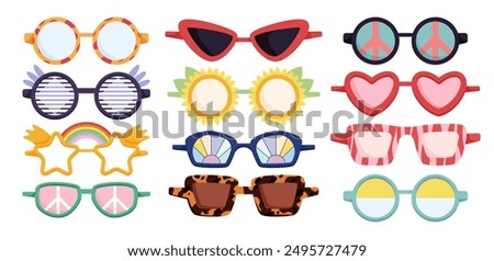 Groovy cartoon sunglasses set. Funny retro eyeglasses for sun protection with animal print on frames, star and flower, heart and round shapes. Eyewear stickers of 60s 70s style vector illustration