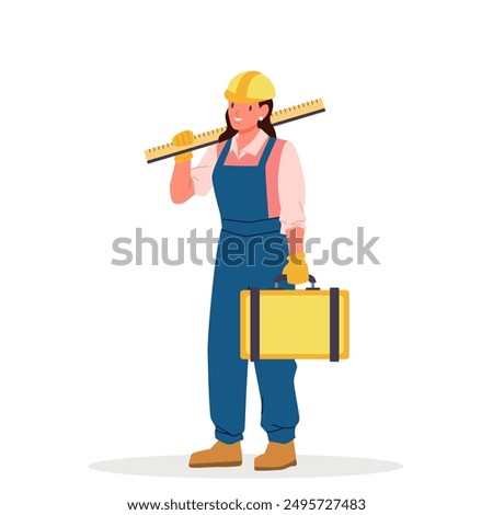 Female repair and maintenance service employee holding toolbox and wooden ruler. Young cute woman in helmet, professional construction worker and handyman overall standing cartoon vector illustration