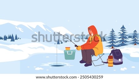 Winter fishing in frozen mountain lake landscape. Male fisherman in warm jacket sitting on folding chair with fishing rod to catch fish in hole in ice, man waiting cartoon vector illustration