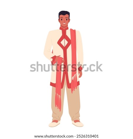 Indian man in traditional clothes standing. Male character wearing turban, blue shoes and sherwani, front view full body portrait of man with beard and ethnic dress