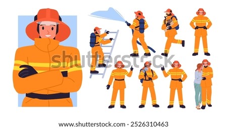 Firefighters at work set. Fireman in uniform with firefighting equipment, characters holding hose to put out flame and ladder, emergency workers save girl from fire cartoon vector illustration