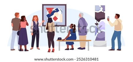 Contemporary art gallery exhibition in public museum with visitors. Young and old people watch exposition of trendy artwork and paintings, excursion with guide and tourists cartoon vector illustration