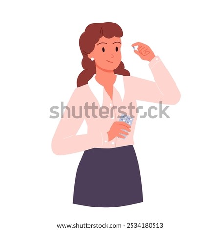 Woman taking pill with smile. Young businesswoman patient character holding capsule in hand to swallow, take medication for treatment of diseases by doctors prescription cartoon vector illustration