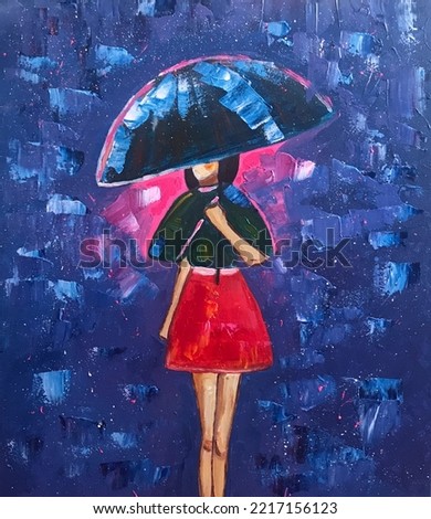 Original oil painting showing a beautiful brunette woman in a red skirt, holding a blue umbrella on canvas. Abstract acrylic oil painting. Modern painting. Blue background. Impasto umbrella painting.
