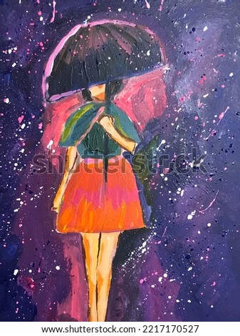Original oil painting showing a beautiful brunette woman in a red skirt, holding a blue umbrella on canvas. Abstract acrylic oil painting. Modern painting. Blue and pink background. Impasto.