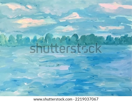 Vector painting forest city sea at day. Author's handmade. Contemporary art. Mockup design of graphic covers of postcards notebooks.  Abstract fairytale nature. Wild nature painting. Pink clouds.