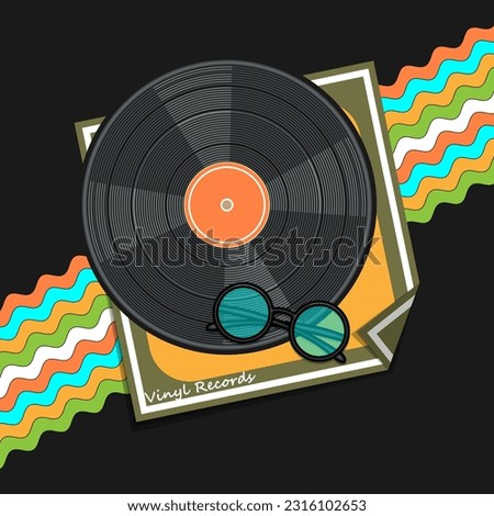 A vinyl record with a paper bag and sunglasses in a round frame on a background of multi-colored wavy stripes. Poster, cover or other. Vector illustration