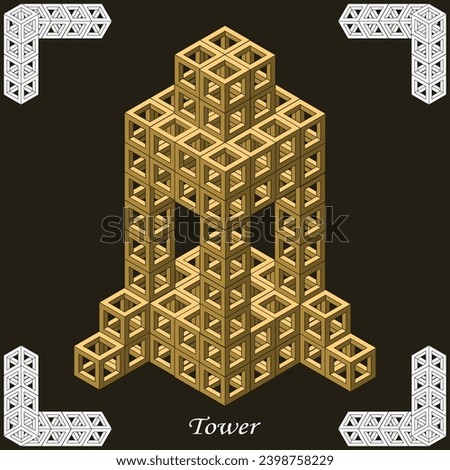 Isometric tower made of modular elements. Dark background, stylized frame. Vector illustration