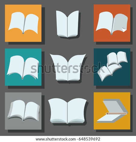 Nine Variants of the Revealed Book or Notebook, Which You Can Use as a Template for Different Slogans and Other Texts. Icons with the Image of the Book. Vector illustration