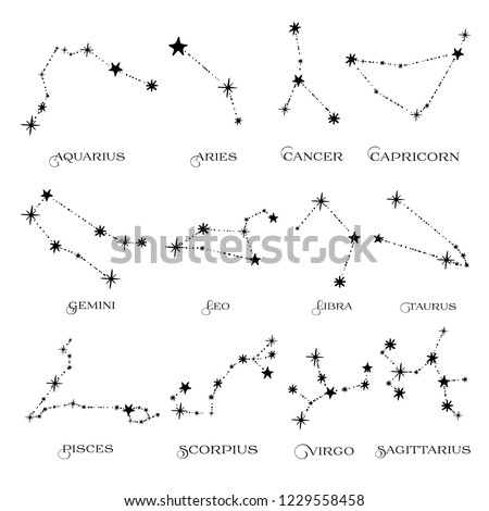 Set of twelve constellations. Zodiacal circle. Black hand drawn stars on white background. Starry sky. Horoscope, predictions and prophecies. Abstract Vector illustration.