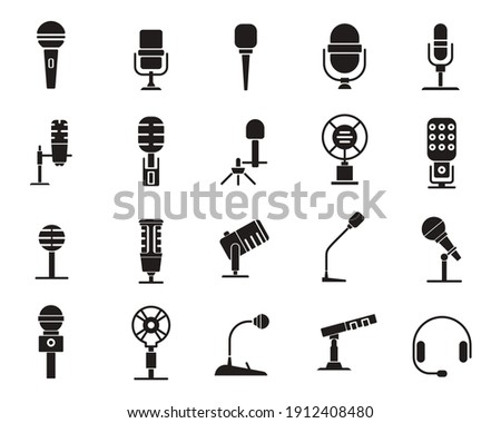 Microphone silhouette icon set. Equipment for podcasts, concerts, and speakers. Simple design for websites and mobile apps. Vector illustration isolated on a white background.