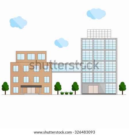 Two buildings. The connection bridge. The flat design. Modern glass skyscraper. Clouds and trees. Vector illustration.