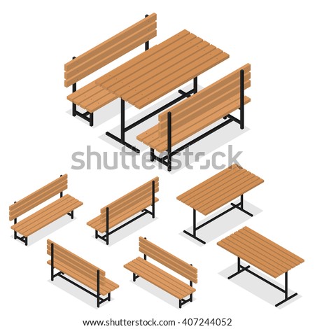 Wooden Benches and a table. Flat isometric. A place for rest, relaxation and picnic. The element of the Park or grove. The place for meeting friends. Vector illustration.