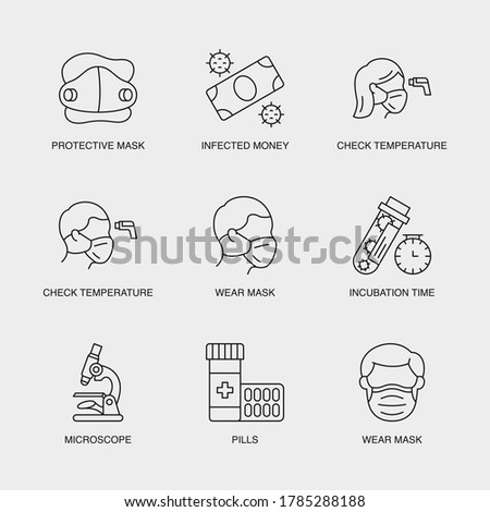 Set of Vector Linear Icons for Infected Money, Check Temperature, Incubation Time, Take Medication, Microscope and more. Collection of 9 COVID-19 Icons.