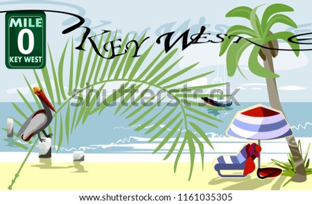 Key West - is an island and city in the Straits of Florida on the North American.Key West is the southernmost city in the United States.Vector image.EPS 8.