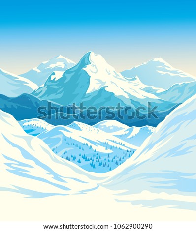 Winter mountain landscape with steep slopes along the edges. Vector illustration.