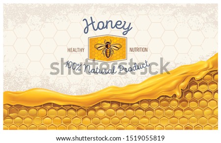 Honey combs with honey, and a symbolic simplified image of a bee as a design element on a textured background.
