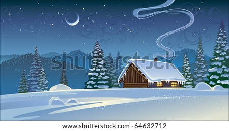 Winter landscape with a timber house.