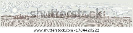 Rural landscape panoramic format with a farm. Hand drawn Illustration in engraving style.