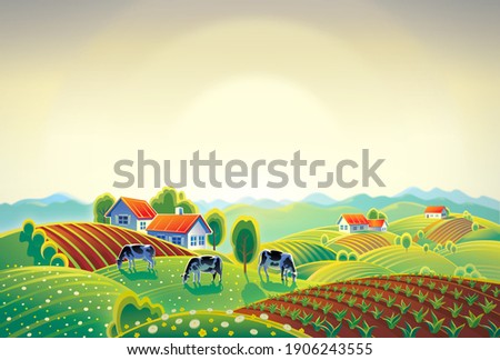 Summer countryside landscape with herd of cows and village.