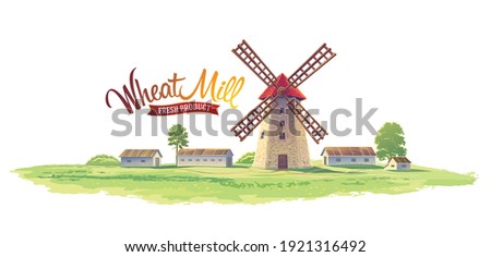 Landscape with drawn a mill and with rural buildings.