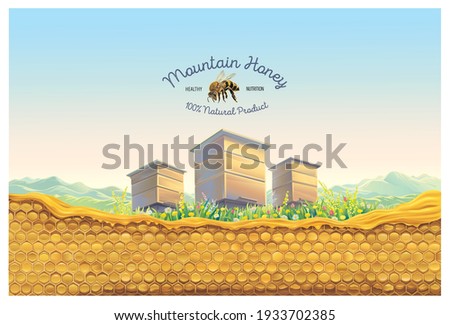 Bee apiary in the mountain landscape with honeycomb in the foreground and a symbolic illustration of a bee as a design element