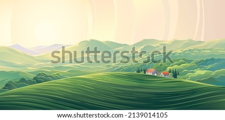 Rural summer landscape with village, and hills from background. Vector illustration.