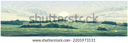 Rural landscape with sun and hills, panoramic format, drawn in graphical style and painted in color. Vector illustration.
