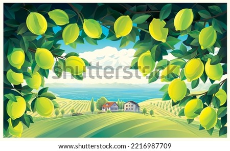 Rural scenery, with lemon tree branches in the foreground, and a village in the background. Vector illustration.