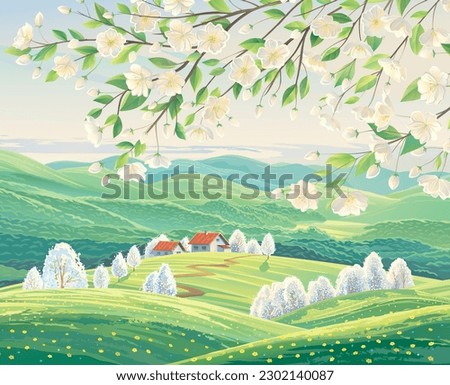 Spring rural landscape with hills and village houses, with flowering fruit tree in the foreground. Vector illustration.