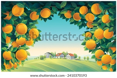 Illustration of a rural scenery, with orange tree branches in the foreground, and a villages in the background. Vector illustration.