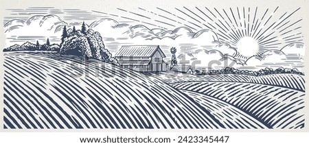 Rural landscape with a farm in engraving style. Hand drawn Illustration and converted to vector fomat.