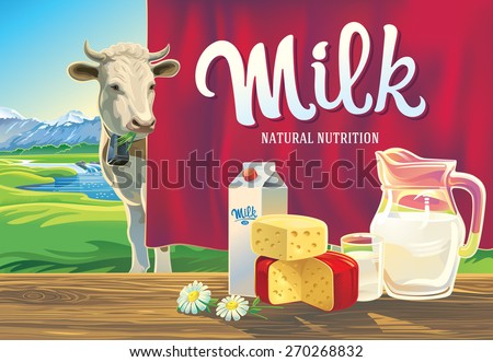 Set of milk products. With a cow, and mountain landscape.
