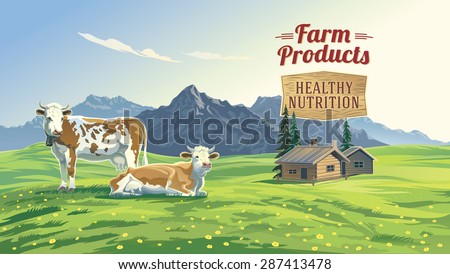 Mountain landscape with two cows and village in background. Vector illustration.