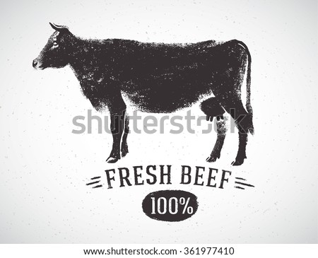 Graphical silhouette cow and inscription, hand drawn illustration.