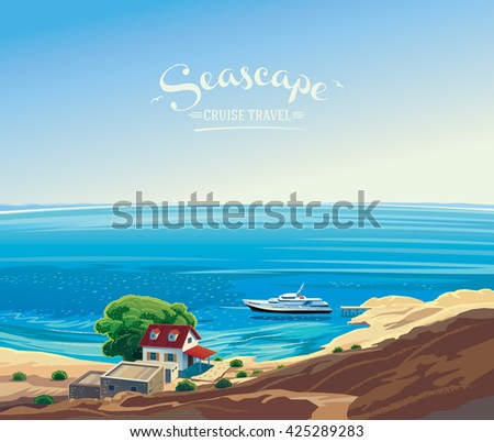 Seascape with the yacht and the hut on the shore on the sea, the marine leisure. The inscription on the location of the logo placement as poster and postcard advertising.