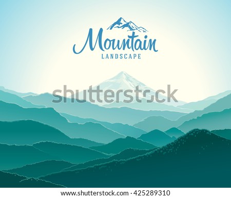 Mountain landscape, the silhouettes of the mountains against the dawn. And the elements of the logo.