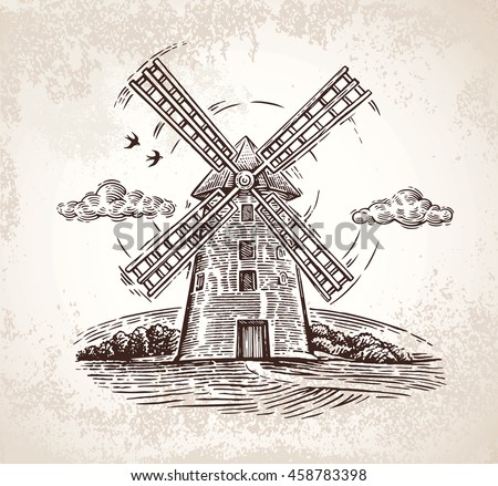 Mill in rural landscape, drawn by hand, in a graphic style.